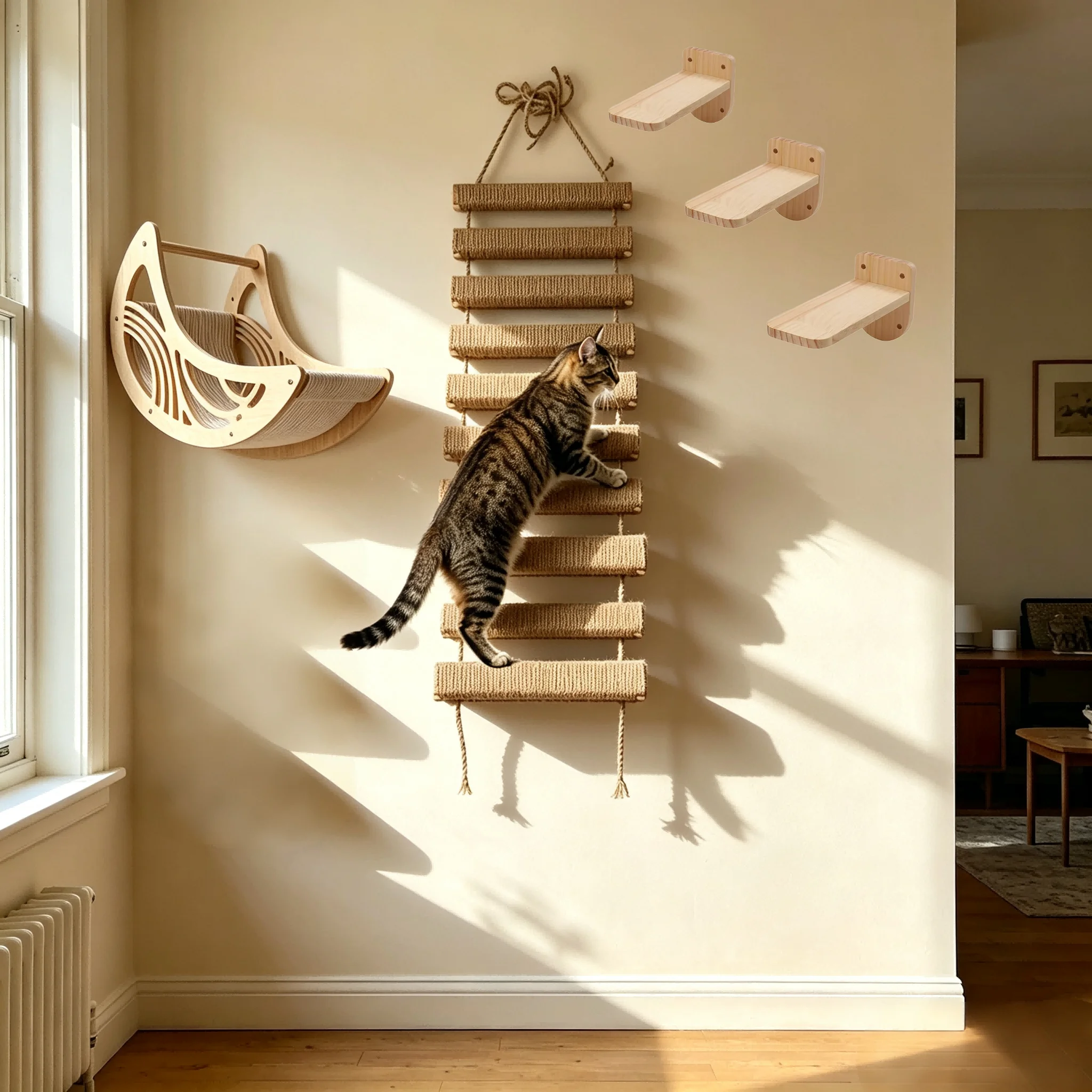 Wandmontierte Katzenmöbel aus Naturholz, Schwebende Katzenregale für Innenräume, Kletter- und Ruheplatz für Kätzchen, Platzsparendes Wandaktivitätsset für Haustiere – Detail 4
