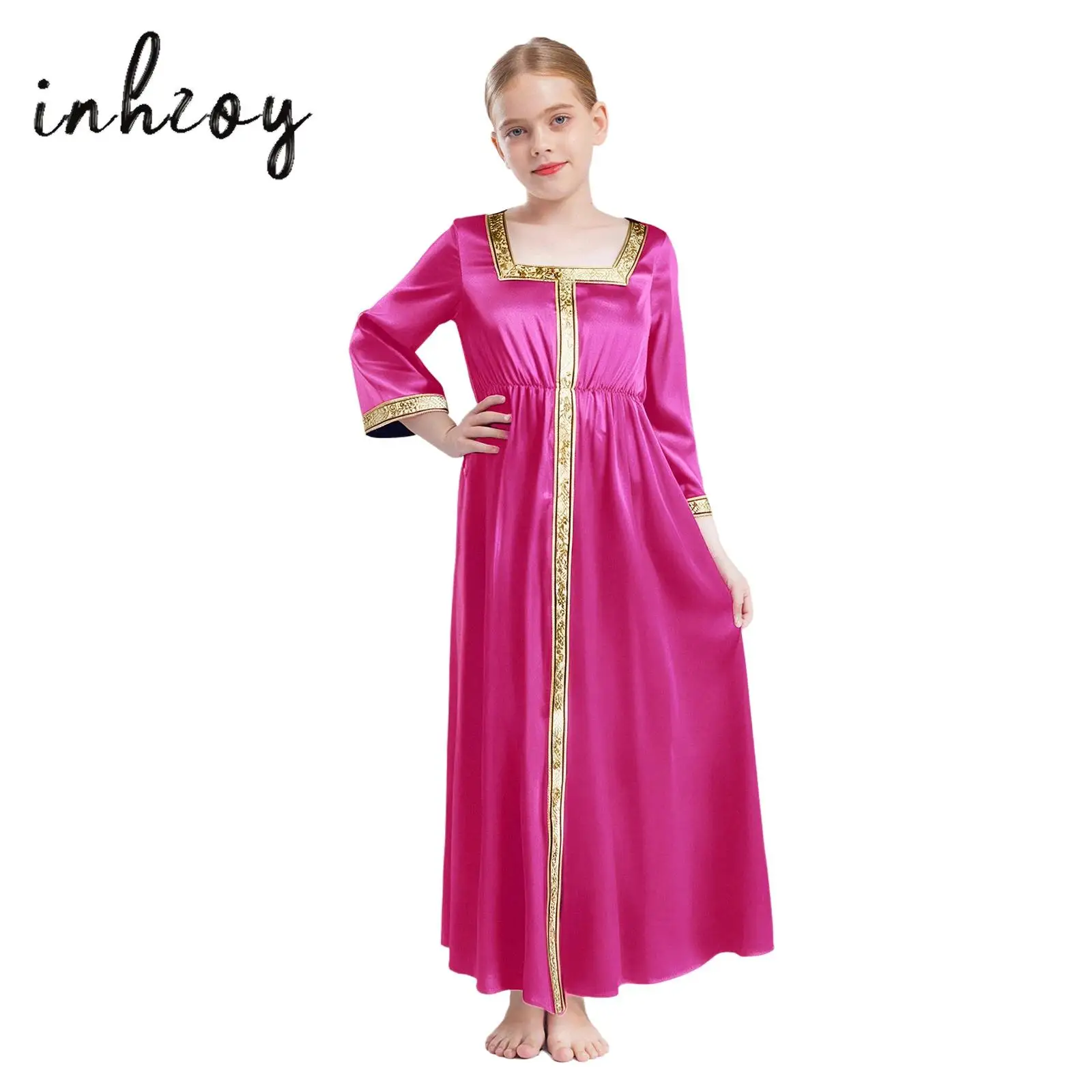 

Girls Abaya Dress Ramadan Arabic Muslim Robe 3/4 Sleeve Square Collar Maxi Dress for Halloween Role Play Theme Party Masquerade
