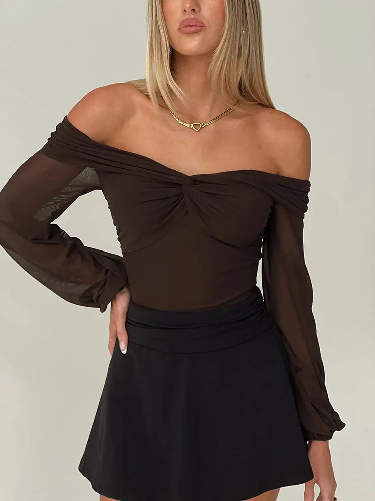 New Simple Elegant One-Shoulder Long Sleeve Tops Fashionable Commuting Women Clothes Sexy Semi Transparent Fabric Coffee Blouse