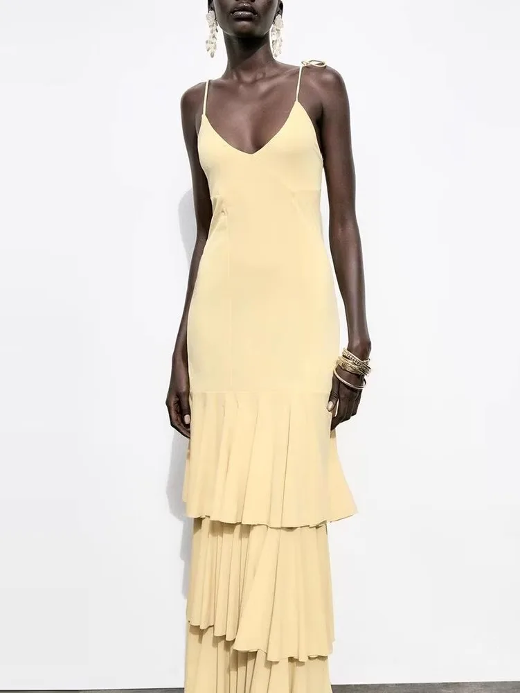 Vestido Midi F E com Decote em V, Novo Estilo com Decoração em Camadas, Coleção Primavera Verão 2025, Cintura A...