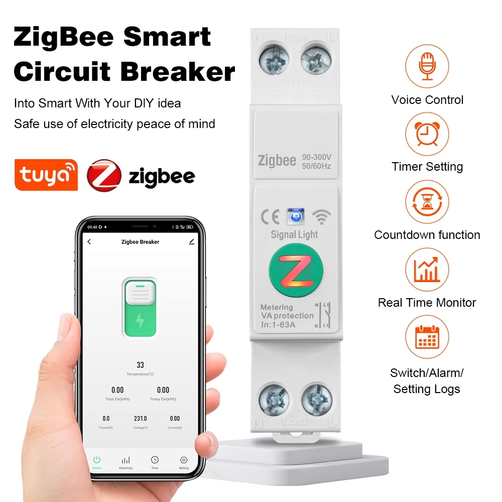 Tuya Zigbee Smart Circuit Breaker Power Metering Energy Meter KWh 1P 63A Smart Life Remote Switch Timer Voltage Current Protect