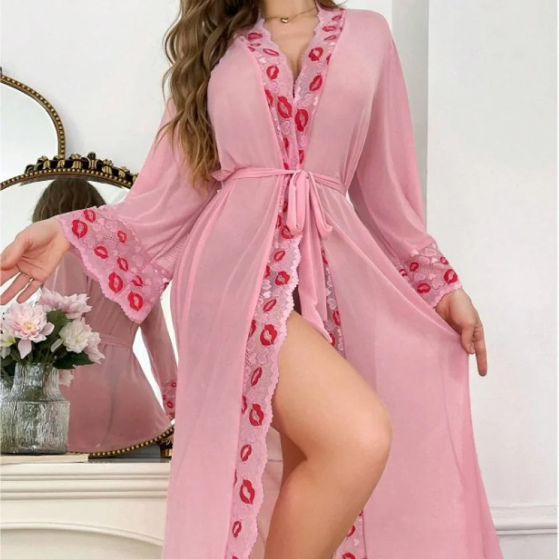 

New foreign trade lace luxury long-sleeve sheer cool-feel robe and bathrobe home wear women's set