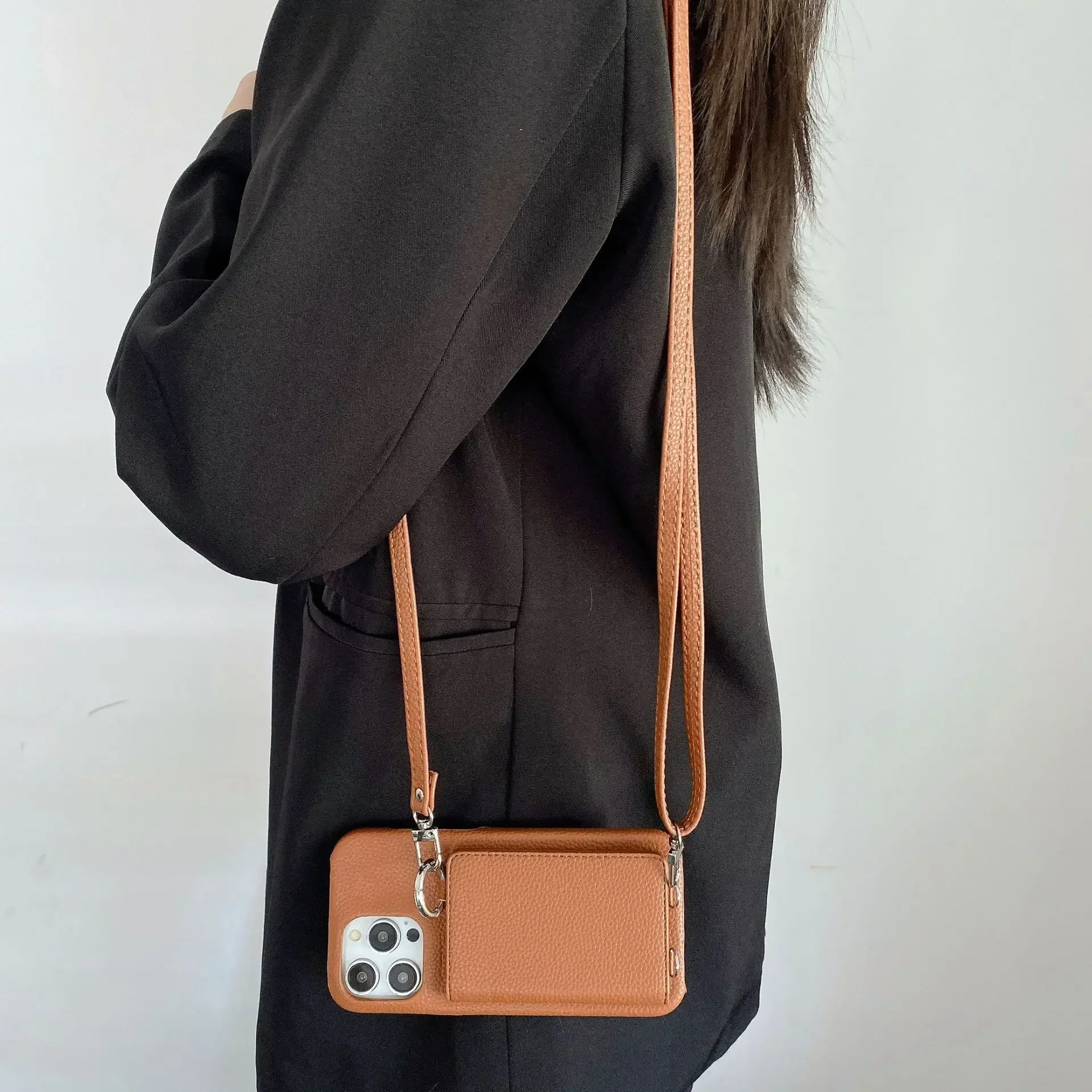 حلقة حامل مرآة فتحة للبطاقات آيفون 13 12 Mini 16E 16 15 14 11 Pro XS Max 8 Plus Crossbody المحفظة الحبل أغطية جلد #2