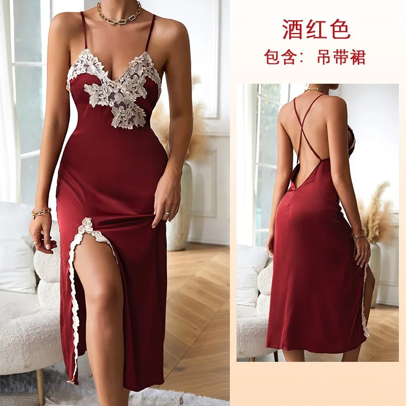 مثير العميق الخامس الرقبة ثوب النوم الساتان قميص الدانتيل تقليم طويل الشق ثوب النوم المرأة أنيقة المتسكعون شق طويل ملابس خاصة