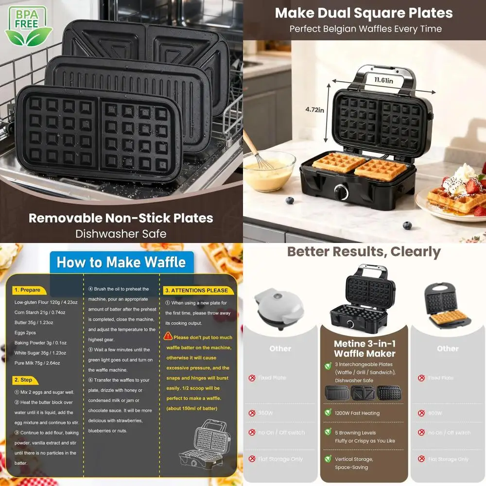 

Triple Function Sandwich and Waffle Maker, 1200W, Removable Nonstick Plates, 5-Gear Temperature, Easy Cleaning for Quick Breakfa