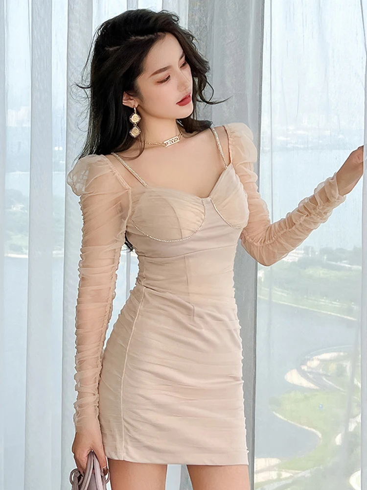 Hotsweet Gợi Cảm Váy Đầm Cho Nữ 2022 Chắc Chắn Sheer Lưới Tay Phồng Nếp Gấp Bodycon Kim Cương Mini Sinh Nhật Femme Quần Áo