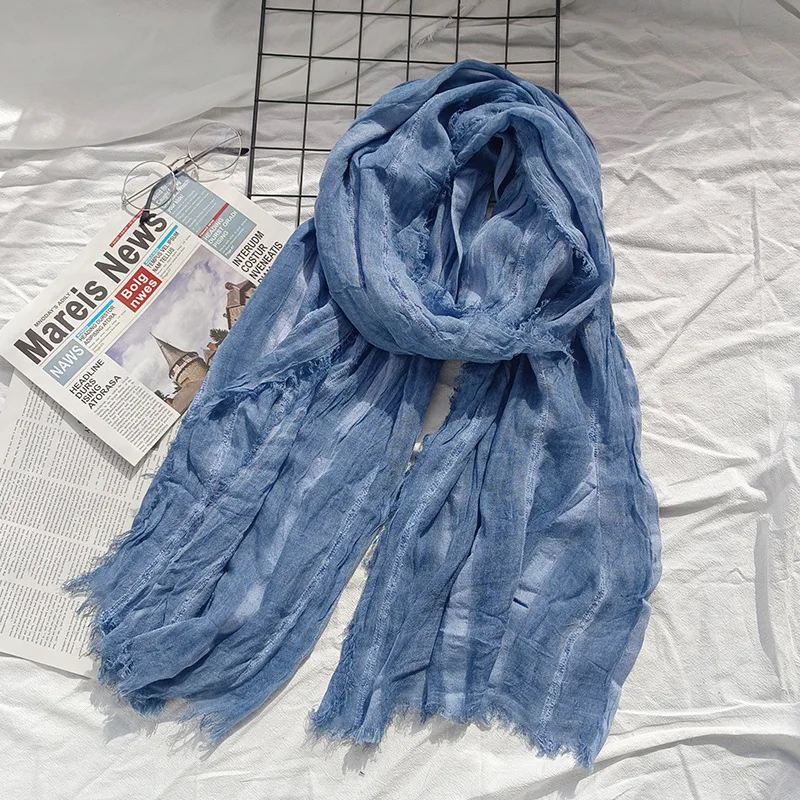 Bufanda de lino y algodón Retro Sle para mujer, diseño de rayas arrugadas, punzón versátil coreano japonés, accesorio cálido para invierno