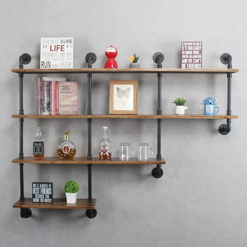 رفوف الأنابيب الصناعية ذات 4 طبقات مقاس 63 بوصة، أرفف عائمة ريفية، أرفف مثبتة على الحائط مع رف النبيذ، جدار مزخرف