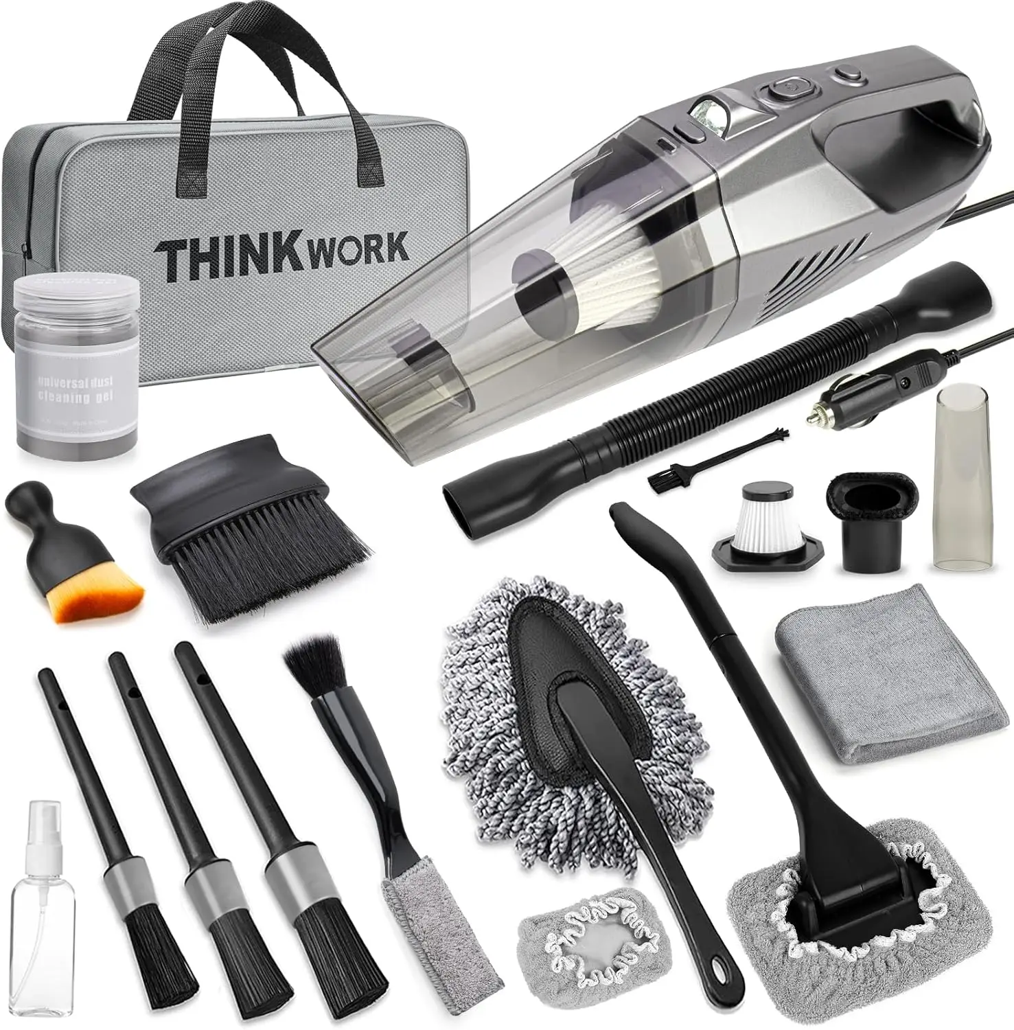 Car Cleaning Kit, 8000PA Vacuum, 7Pcs Brush Set, Gray Interior Detailing Kit