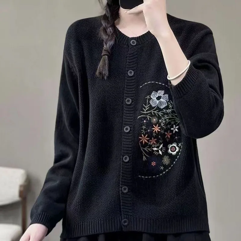 Fashion O-Neck Spliced Button Embroidery Cardigan Sweater Women\'s Clothing 2023 Autumn Winter New Loose All-match Tops