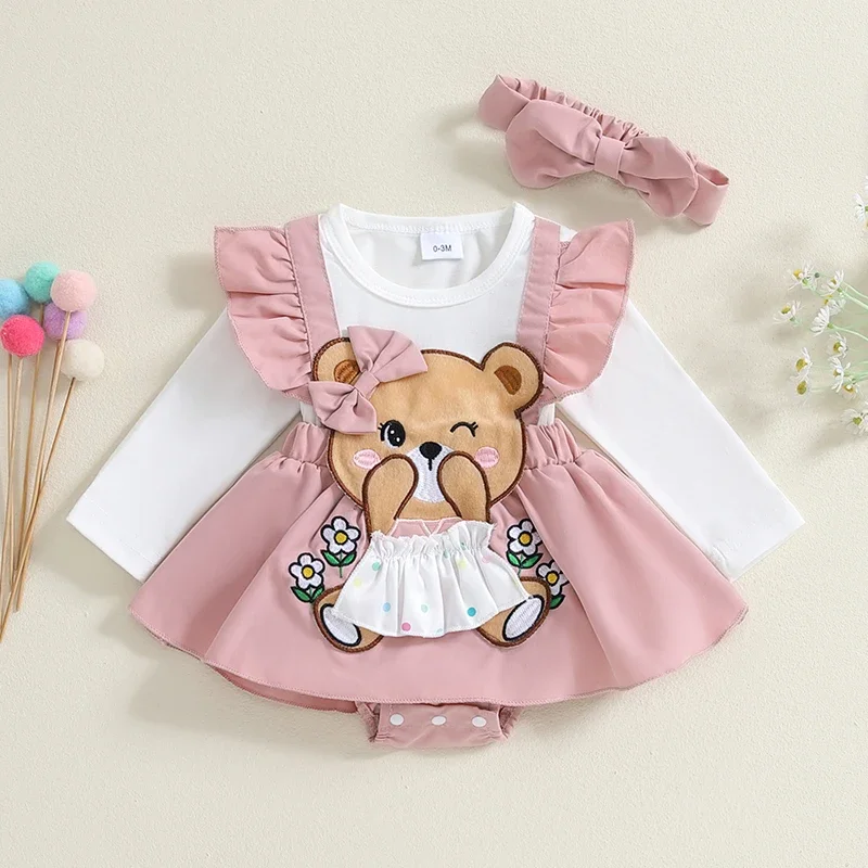 Baby Girl Fall Romper Dress Bear Embroidery Long Sleeve Fake Two Pieces Jumpsuit with Bow Headband