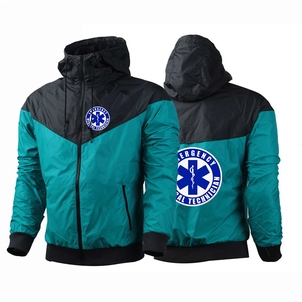 

EMT Emergency Ambulance Men Spring Autumn Thin Windproof Casual Hooded Color Matching Fashion Print Five-Color Windbreaker Coat