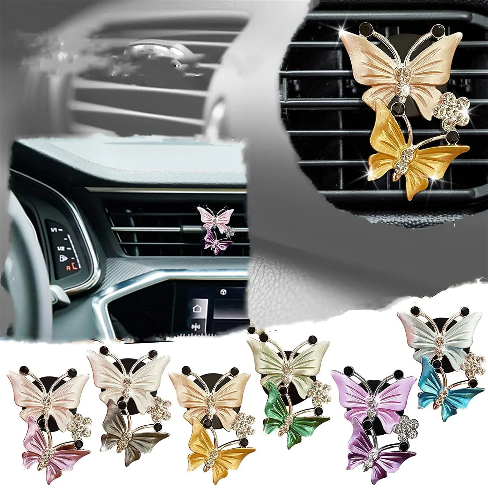 Car Air Fresheners Diffuser Bling Crystal Double Butterfly Car Perfume Clip Air Outlet Clip Diffuser Car Interior Decoration