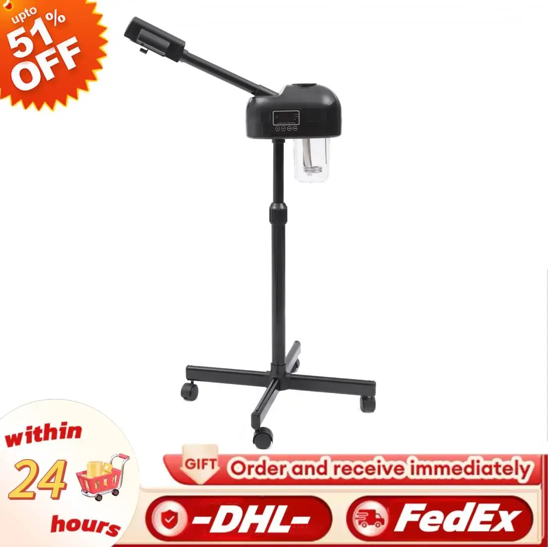 

750W LCD Ozone Facial Steamer Professional with Wheels DT-118 for Clean Skin Timer Function Adjustable Height Spa with Hot Mist