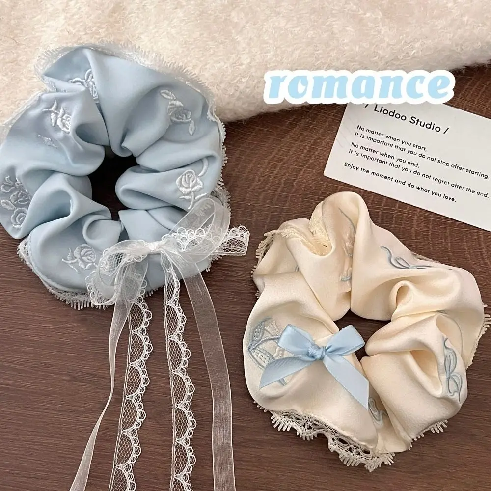 

Embroidered Lace Large Intestine Bow Headwear Women Hair Scrunchies Hair Rubber Bands French Style Oversized Hair Ropes Girls