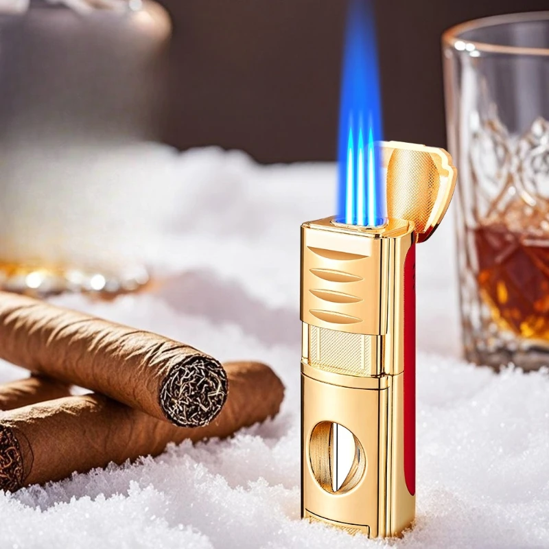 Cross Border Hot Selling Three Flame Inflatable Lighter Cigar Specific Straight Forward Lighter Portable One Machine Four Uses