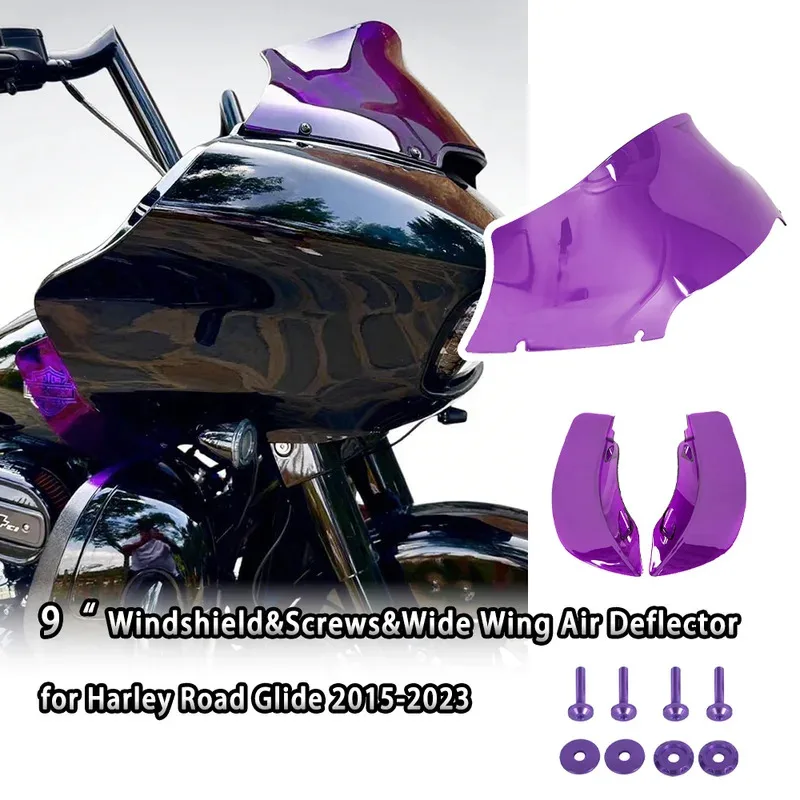 

9 inch Motorcycle Colors Purple Windshield Windscreen&Screws&Wide Wing Air Deflectors For Harley Road Glide FLTRX 2015-2023