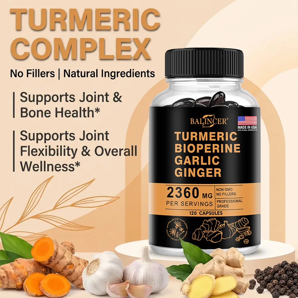 Turmeric Ginger Capsules 2360mg with Curcumin 95%, Garlic & Black Pepper, Joint Support, Digestion & Immune Health Supplement