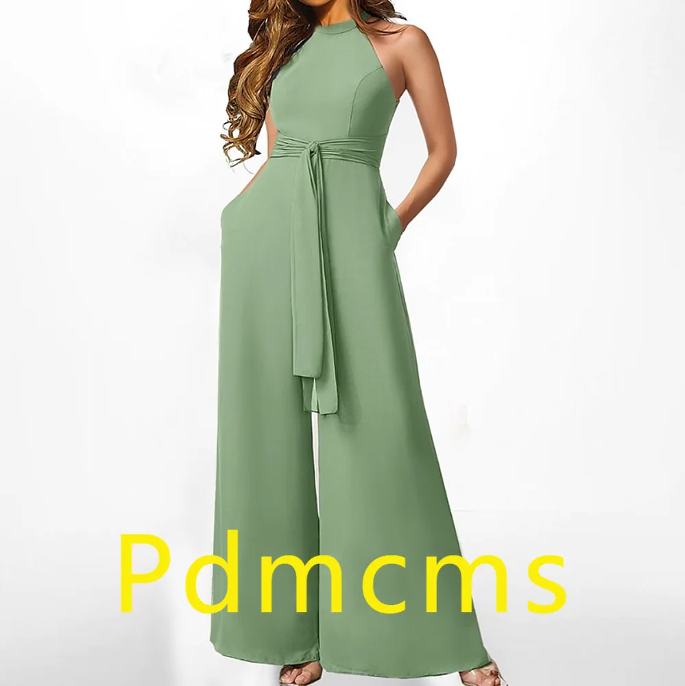 

2025 new wish European and American solid color sleeveless neck high waist strap straight casual jumpsuit summer
