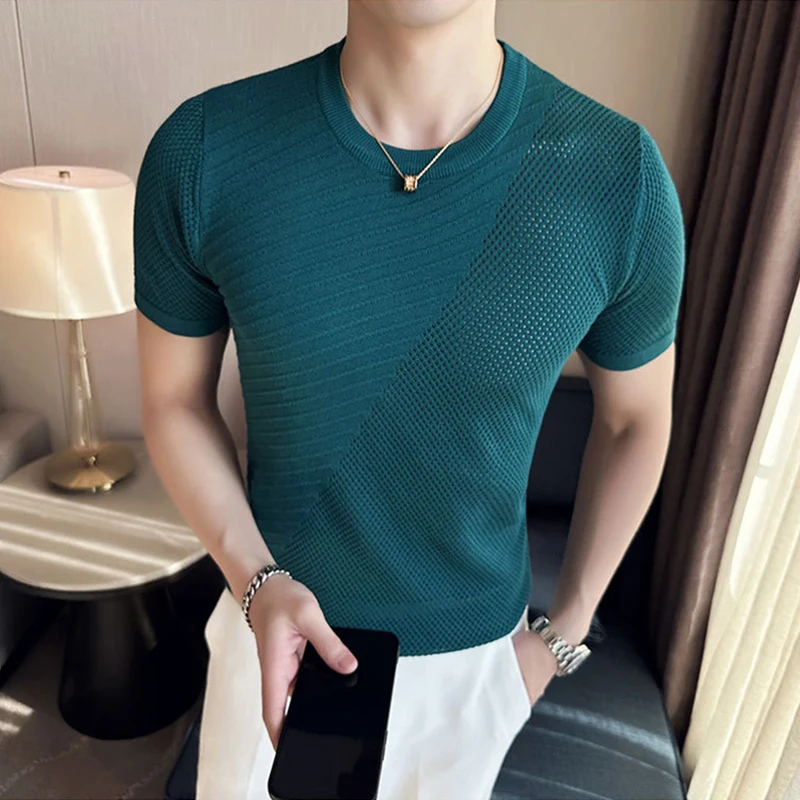 

Breathable Ice Silk Knit Mens T-shirts Summer Casual Short Sleeve O Neck Slim Knitted T Shirt Men Leisure Hollow Out Pullovers