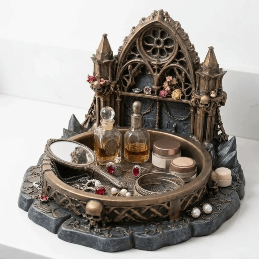 3D Printed Jewelry Storage Tray Retro Black Castle Jewelry Stand Creative Gothic Style Decorative Tray Dressing Table Home Decor