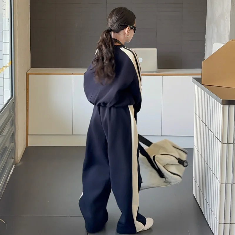 Girls Stylish Cotton Crop Contrast Navy Sweatshirt+Sweatpant Work Set School Kids 2PCS Tracksuit Children Jogging Outfit 5-16 Yr