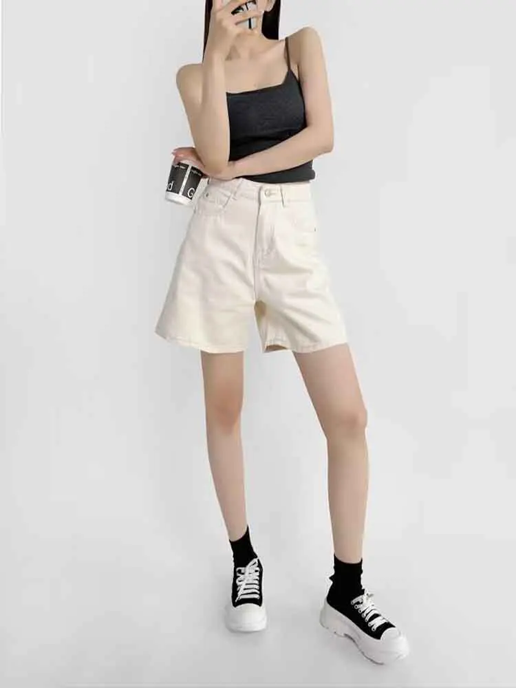 

European style new women's fashion versatile temperament apricot high waist loose wide leg denim shorts