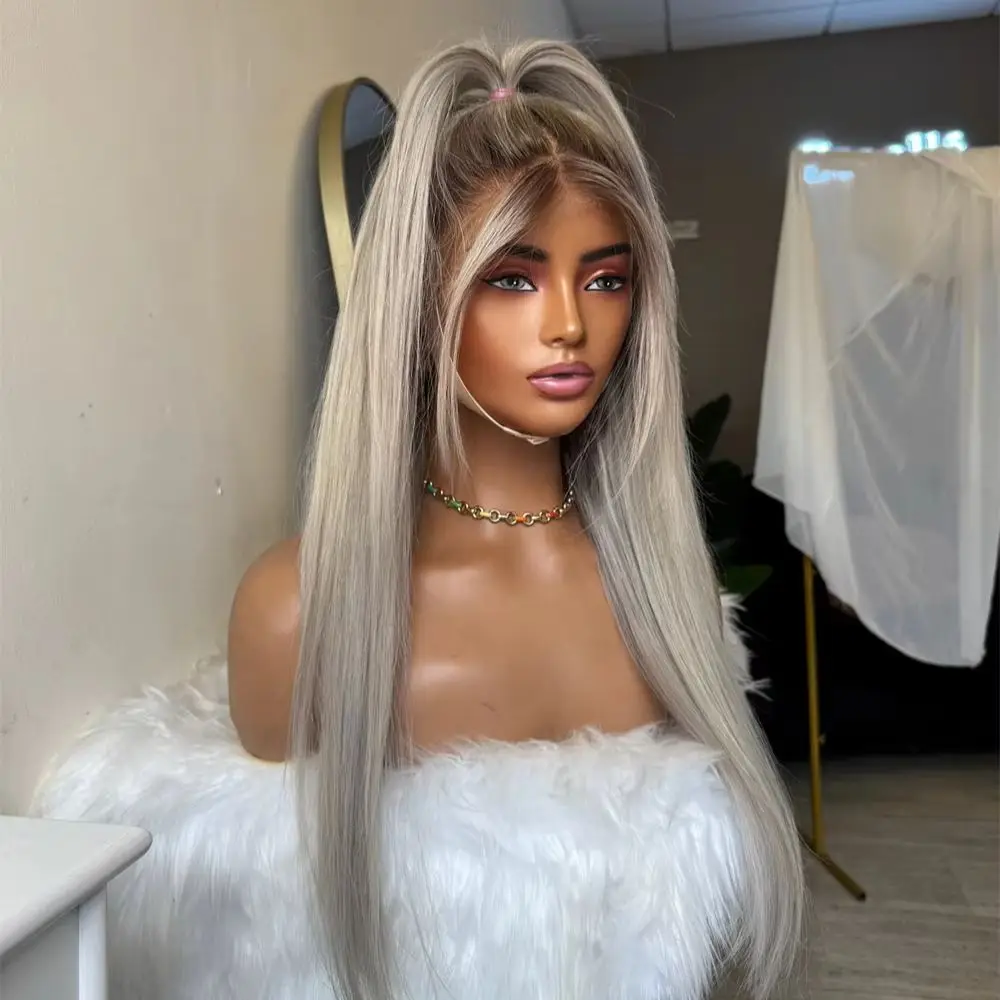 Long Straight Layered Lace Front Wigs Dark Roots Ash Blonde Glueless Wig Realistic Human Hair Blend Synthetic Wigs For Women