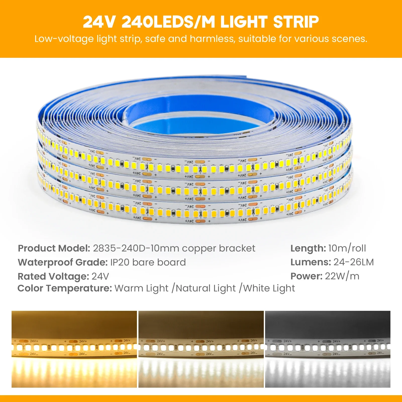 15pcs 10m 24V LED Strip 2835 240leds/m Natural White Non Waterproof LED Tape Backlight