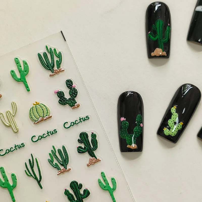 Green Plant Cute Cactus 5D Soft Embossed Relief Self Adhesive Nail Art Decoration Sticker Flower 3D Manicure Phone Decals Summer