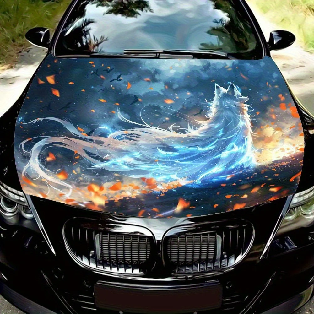 

Blue Flame White Fox Car Hood Decal - Durable PVC Vinyl Wrap For Most Vehicles, Automotive Exterior Accessory | Waterproof And S