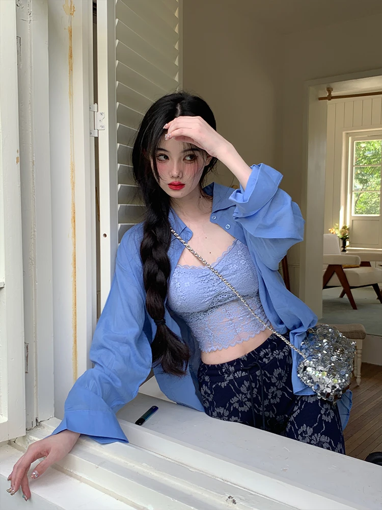 

Женская рубашка Agu One Blue с длинным рукавом, стильная и модная верхняя одежда для повседневной носки, однотонная, с воротником, ветрозащитная, с карманами.