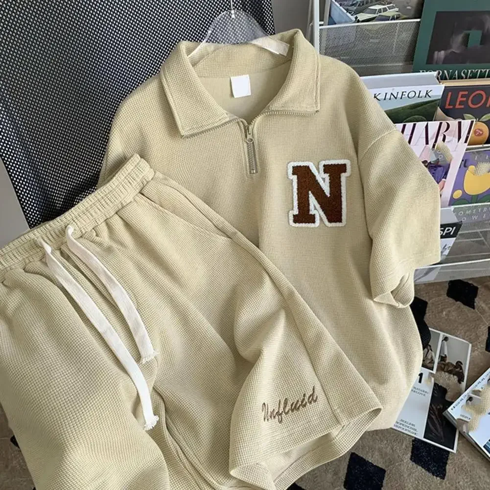 

Вафельная текстура, женская футболка, шорты, комплект на молнии, декор с буквами, мужская и женская свободная футболка, шорты, спортивный костюм