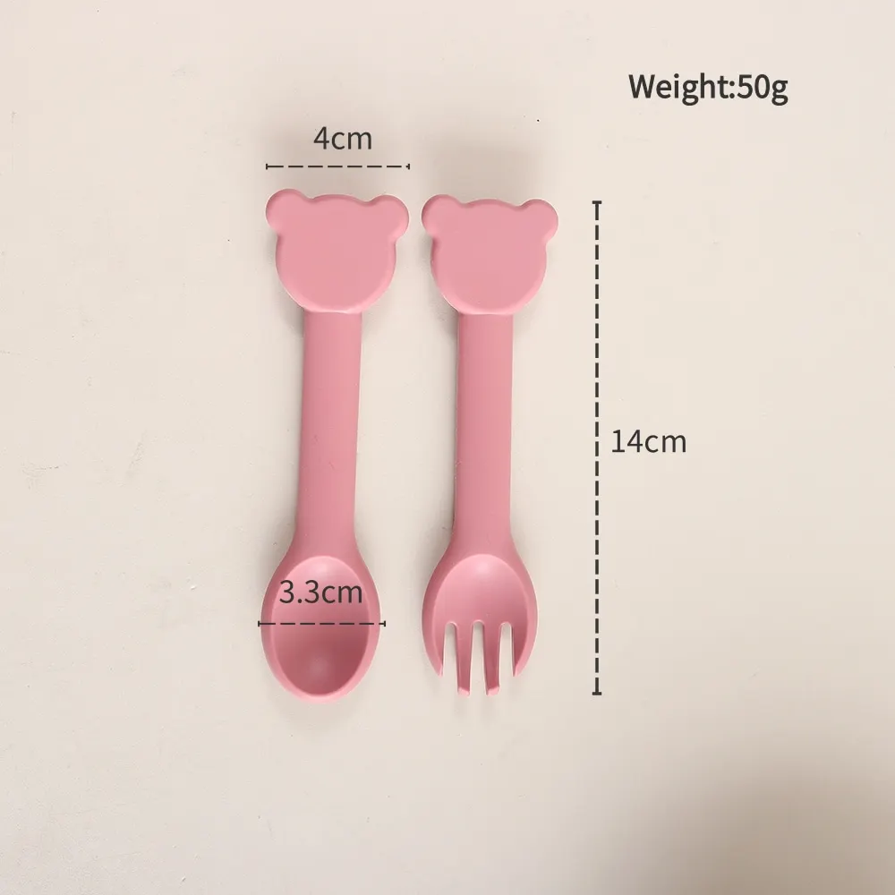 Custom Baby Name 1 Pair Silicone Bear Shape Spoon and Fork Food Grade Silicone Baby Feeding Utensils