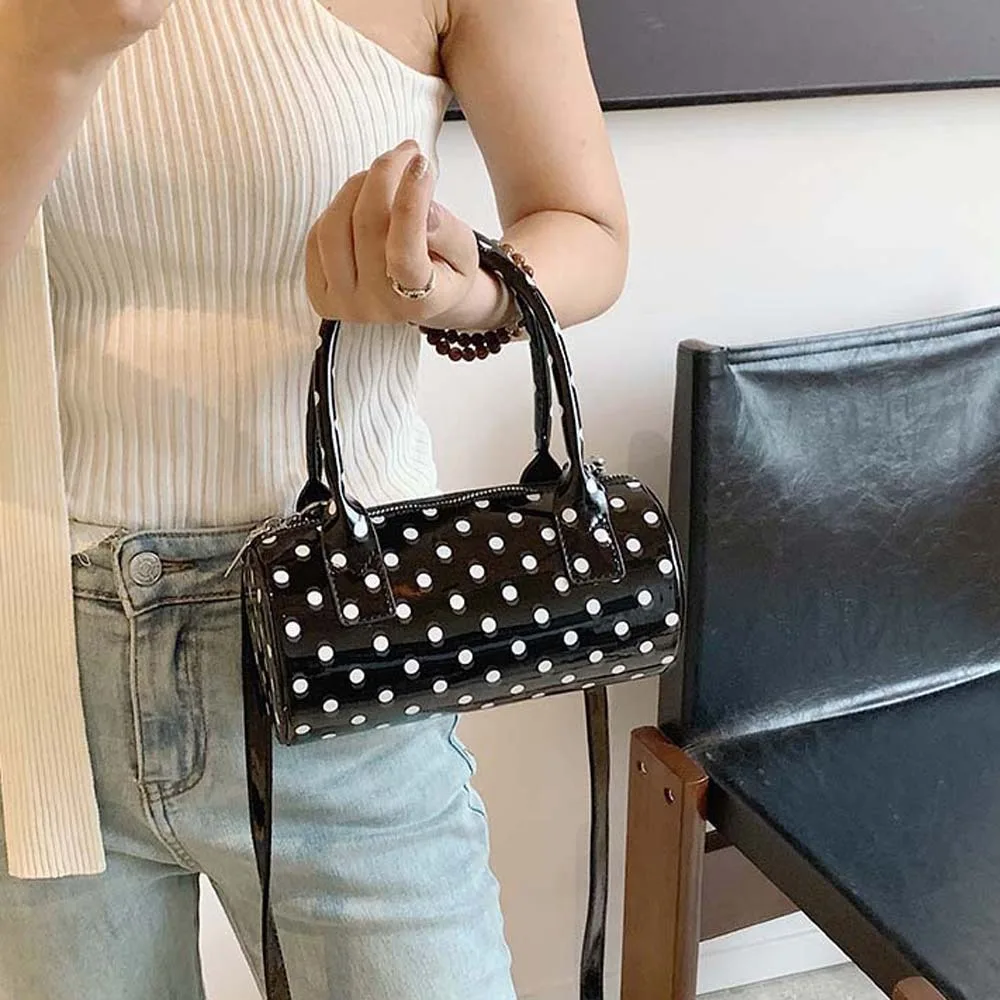 

Polyester Polka Dot Cylindrical Bag Anti-Splash Water Korean Style Spicy Girl Handbag Black Contrast Color PU Shoulder Bag