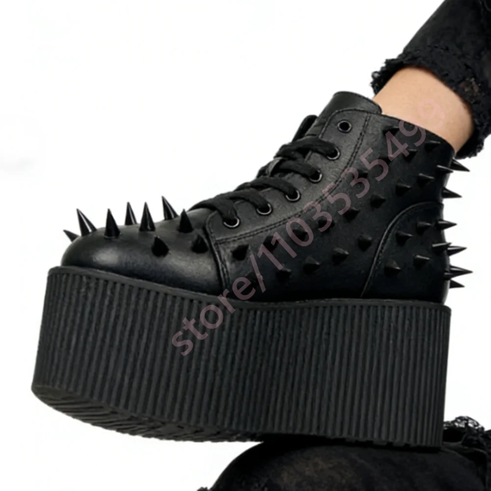 

Women's 's Black Gothic Rivet Punk Platform Sneakers 2026 New Street Style Lace-Up High-Top Chunky Heel Casual Ankle Boots
