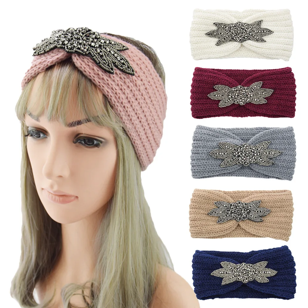 Edelstein-Stirnbänder, elastisch, Ohrenwärmer, gestrickt, Kopfbedeckung, Turban, breite Krempe, Kopfbedeckung für Damen und Mädchen, Wintermode, Haar-Accessoires