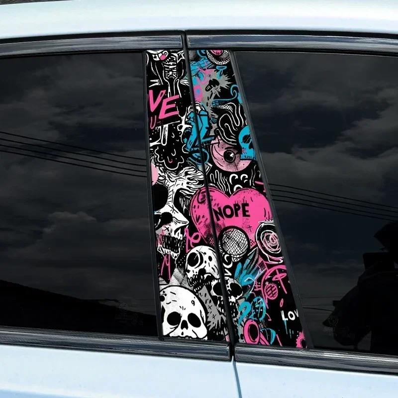 1pc/2pcs Horror Skull Graffiti Car Stickers Auto B Pillar Waterproof Center Column Funny Decoration DIY Car Doors Pillar Decals