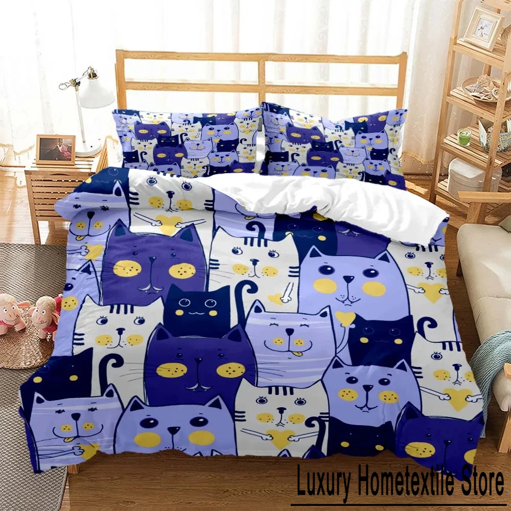 Cute Cat Print Quilt Cover Pillow Cover bedding set luxury Queen bedding set Cute style Customized Boys bedding set