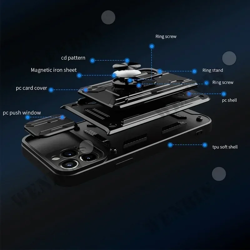 Case For iPhone 16 15 14 13 Pro Max XR X 8 7 Plus SE 2022 Slide Stand Ring 360 Magnetic Camera Military Grade Card Slot Cover