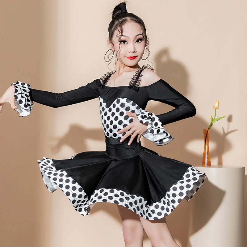 

Kids Professional Dancing Clothes Girls Polka Dot Latin Dance Dress National Standard Ballroom Dance Competition Dresses SL9120