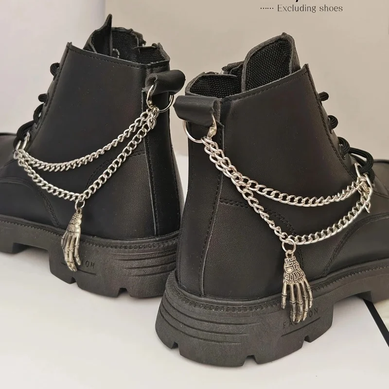 2Pcs Gothic Skeleton Hand Double layer Shoe Chain Silver Metal Removable Shoe Chain Punk Boots Decorative Accessories