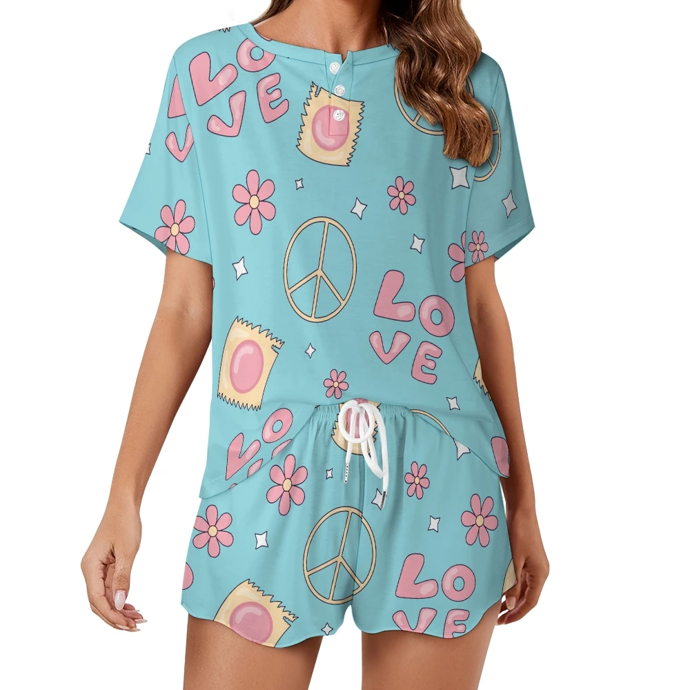 Ropa de dormir con botones delanteros para mujer, conjunto de ropa de dormir con patrón de signos de la paz, traje de casa de verano, 2 piezas