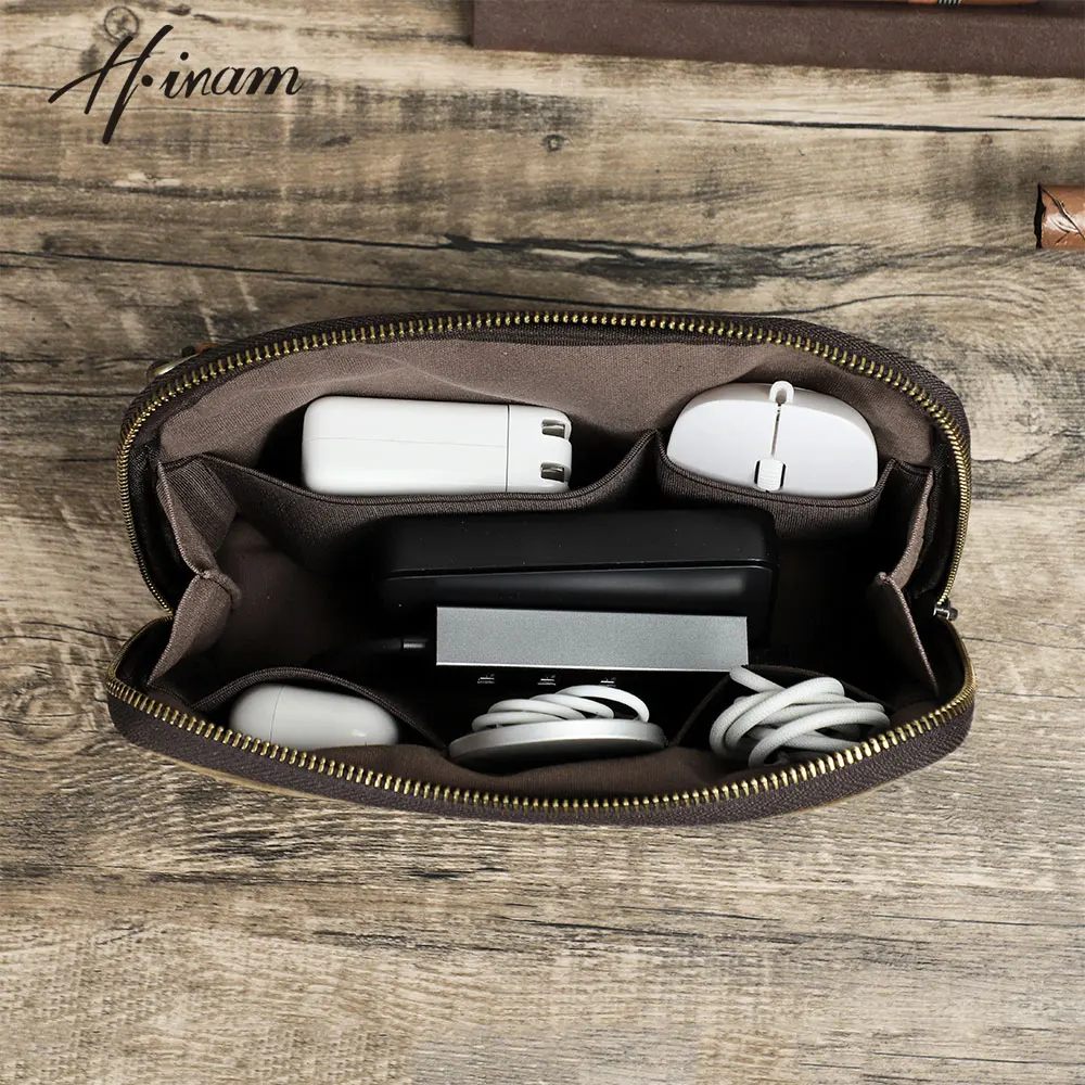 Retro Genuine Leather Handmade Electronic Storage Large Capacity Portable Organizer USB Gadget Wires Container Travel Bag