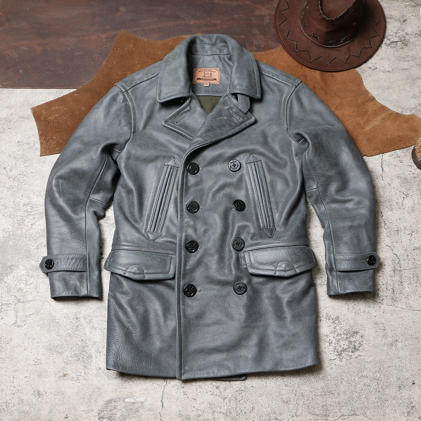 

Двубортный палат из воловьей кожи Tailor Brando, винтажное пальто из натуральной кожи 740, окрашенное воском