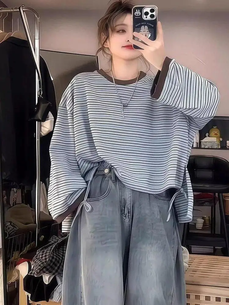 

Комплект из двух предметов: вязаная футболка в полоску с длинным рукавом и свободные брюки, размеры 300+ (осень-зима), универсальный повседневный модный топ