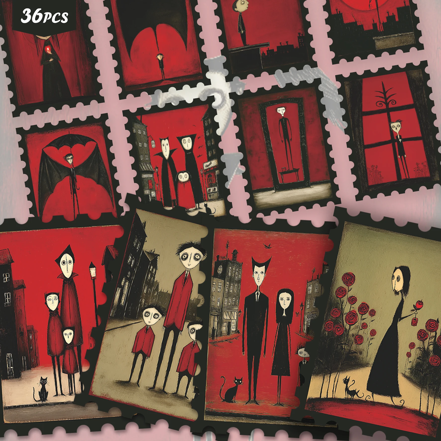 36PCS Creepy Cute Red & Black Town Stickers, Gothic Whimsy Architecture & Cat Art Aesthetic Cutout Sticker Set for Journals,