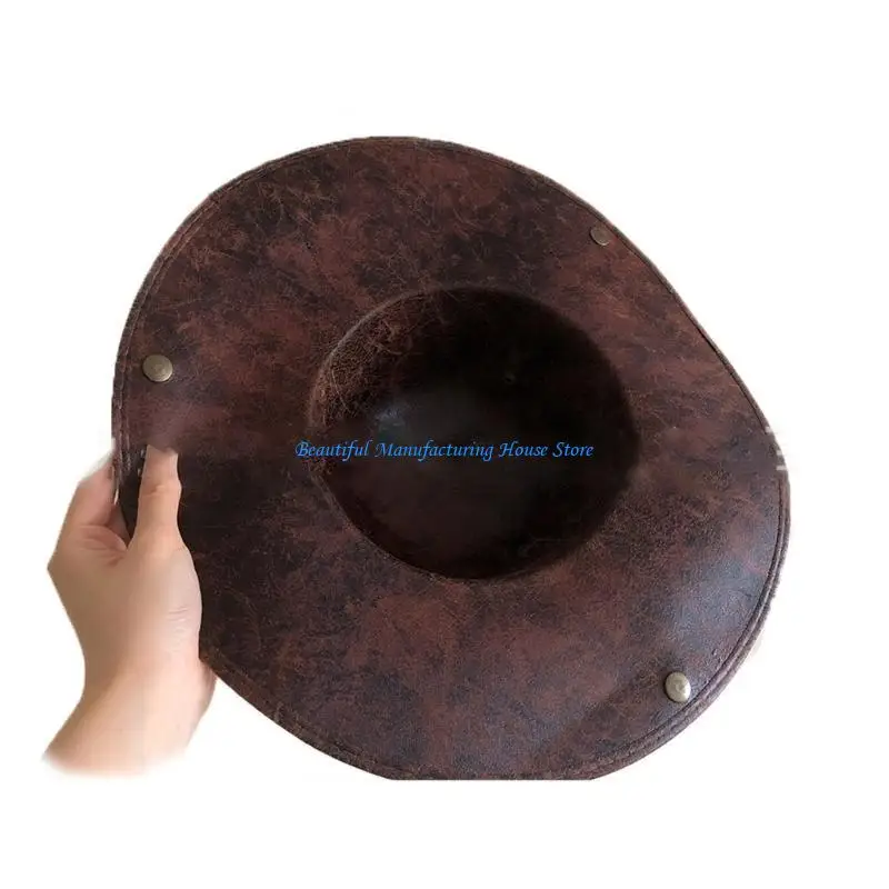 

E56A Fashion Vintage Cowboy Pirate Hat Cosplay Tricor Brim Hats Pirate Faux Leather Cowboy Hat Accessory Wide Brim