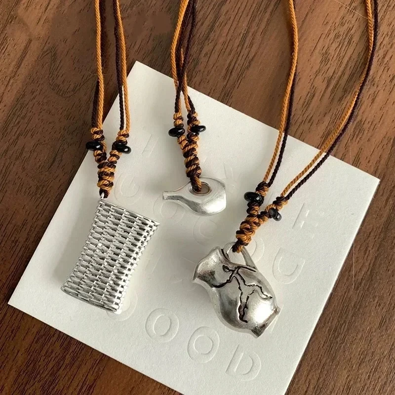 YISON Vintage Fashion Woven Basket Wine Pot Women's Necklace Niche Nomadic Style Vacation Exquisite All-match Long Sweater Chain
