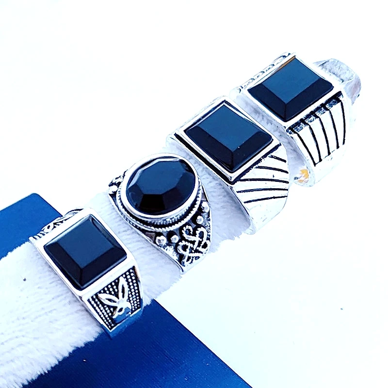 20pcs Retro Rings For Men Black Stone Antique Silver Plated Fashion Jewelry Party Gifts Wholesale